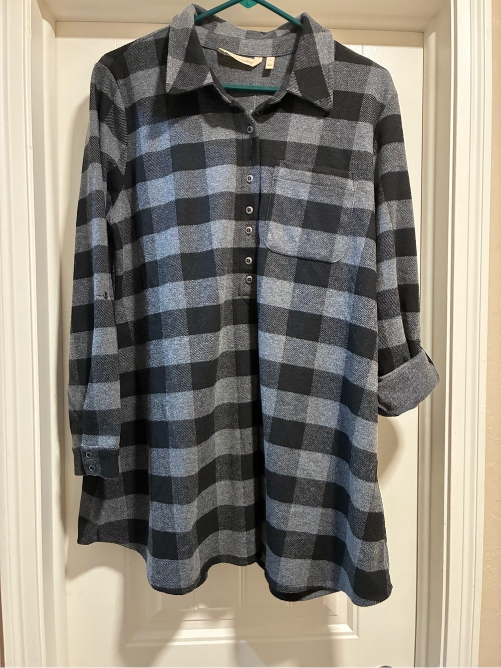 Soft Surroundings Black and Gray Plaid Button Tunic